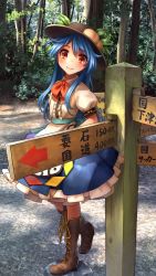 Rule 34 | 1girl, black hat, blue hair, blue skirt, boots, brown footwear, center frills, commentary request, cross-laced footwear, eyes visible through hair, food, forest, frills, fruit, full body, hat, hay, highres, hinanawi tenshi, knee boots, long hair, looking at viewer, nature, outdoors, peach, puffy short sleeves, puffy sleeves, red eyes, red neckwear, shirt, short sleeves, signpost, skirt, smile, solo, standing, touhou, tree, welt (kinsei koutenkyoku), white shirt