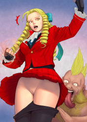Rule 34 | 1boy, 1girl, ^^^, assisted exposure, birdie (street fighter), black pantyhose, blonde hair, blue bow, bow, breasts, capcom, cleft of venus, clothes pull, cowboy shot, curly hair, dark-skinned male, dark skin, drill hair, eyelashes, eyeliner, fingerless gloves, gloves, hair bow, hair slicked back, highres, imminent rape, jacket, kanzuki karin, lips, lipstick, long tongue, makeup, mezzo (orbanga21), miniskirt, mohawk, no panties, orange eyes, orbanga, pantyhose, pantyhose pull, pleated skirt, pussy, ringlets, sideburns, skirt, solo focus, street fighter, street fighter v, surprised, tongue, tongue out, uncensored, upskirt, you gonna get raped