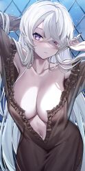 Rule 34 | 1girl, absurdres, armpits, arms up, atelier (series), atelier ryza, atelier ryza 1, azur lane, bare shoulders, black dress, black nails, breasts, bright pupils, cleavage, closed mouth, collarbone, cowboy shot, dress, frilled dress, frills, hair over one eye, heterochromia, highres, large breasts, lila decyrus, lila decyrus (moonlit encounter), long hair, looking at viewer, nail polish, navel, no bra, panamuru, purple eyes, red eyes, see-through, solo, standing, very long hair, white hair