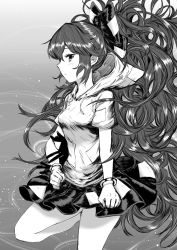 Rule 34 | 1girl, absurdres, bangle, bow, bracelet, breasts, clenched hands, closed mouth, commentary request, cowboy shot, curly hair, foot out of frame, from side, gradient background, greyscale, hair between eyes, hair bow, highres, jewelry, long hair, looking at viewer, looking to the side, medium breasts, miniskirt, monochrome, pleated skirt, ponytail, profile, sen (daydream 53), short sleeves, skirt, solo, standing, standing on one leg, touhou, very long hair, yorigami shion