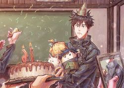 Rule 34 | 1boy, 3others, animal, axis 524, bag, birthday cake, black eyes, black hair, black jacket, cake, cellphone, chalkboard, classroom, dog, food, fushiguro megumi, gift, hat, high collar, highres, holding, holding phone, holding tray, indoors, jacket, jujutsu kaisen, long sleeves, looking at viewer, male focus, multiple others, party hat, party popper, phone, school uniform, short hair, solo focus, spiked hair, stuffed toy, tray