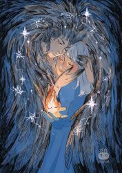 Rule 34 | 1boy, 1girl, akiocha, artist logo, black wings, blue dress, blush, calcifer, carrying, carrying person, claws, closed mouth, dress, earrings, eyelashes, feather hair, fire, hand on another&#039;s face, highres, howl (howl no ugoku shiro), howl no ugoku shiro, hug, jewelry, long hair, smile, sophie (howl no ugoku shiro), sparkle, studio ghibli, white hair, wings