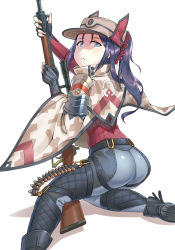 Rule 34 | 1girl, armor, ass, blue eyes, blue hair, blush, boots, bullet, camouflage, capelet, fingerless gloves, from behind, gloves, gun, hat, highres, kai schren, long hair, looking at viewer, military, military uniform, pants, ponytail, rifle, senjou no valkyria (series), senjou no valkyria 4, shaded face, shiny clothes, sniper rifle, solo, uniform, weapon, yaxiya