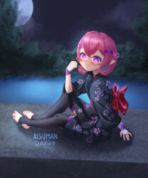 Rule 34 | 1girl, absurdres, aisuman, arm support, artist name, asymmetrical gloves, bat hair ornament, black kimono, black thighhighs, blush, bridal gauntlets, choker, closed mouth, diamond-shaped pupils, diamond (shape), elbow on knee, feet, female focus, floral print, flower, foliage, from side, full body, full moon, gloves, hair flower, hair ornament, hairclip, highres, japanese clothes, kimono, knee up, looking at viewer, moon, on ground, original, outdoors, pointy ears, purple choker, purple eyes, purple hair, short hair, sidelocks, sitting, smile, solo, stirrup legwear, symbol-shaped pupils, thighhighs, toeless legwear, toes, water