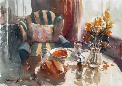 Rule 34 | armchair, basket, bowl, chair, cup, cushion, day, drinking glass, falling petals, flower, indoors, interior, nara watercolor, original, painting (medium), petals, scenery, shadow, sunlight, traditional media, water, watercolor (medium), window, yellow flower