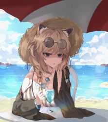 Rule 34 | 1girl, :3, absurdres, animal ear fluff, animal ears, apple box (umruruu), arknights, beach, bikini, blue nails, breasts, brown hair, crazy straw, drinking straw, eyewear on head, glass, heart straw, highres, huge breasts, huge filesize, jewelry, nail polish, necklace, ocean, official alternate costume, open mouth, purple eyes, round eyewear, short hair, sitting, striped bikini, striped clothes, sunglasses, sweat, swimsuit, swimsuit cover-up, table, utage (arknights), utage (summer flowers) (arknights), vertical-striped bikini, vertical-striped clothes