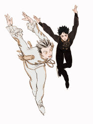 Rule 34 | 2boys, akaashi keiji, arms behind back, arms up, ascot, black eyes, black hair, black pants, black vest, bokuto koutarou, brown ascot, chengongzi123, commentary, epaulettes, frilled sleeves, frills, full body, grey hair, grey jacket, grey pants, haikyuu!!, highres, ice skates, ice skating, jacket, long sleeves, looking at another, male focus, multicolored hair, multiple boys, open mouth, outstretched arms, pants, puffy long sleeves, puffy sleeves, short hair, simple background, skates, skating, standing, streaked hair, symbol-only commentary, thick eyebrows, very short hair, vest, white background, yellow eyes