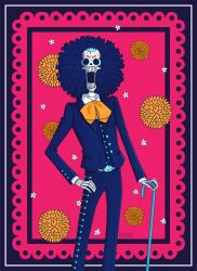 Rule 34 | 1boy, absurdres, afro, black border, black jacket, black pants, border, bow, bowtie, brook (one piece), buttons, cane, cowboy shot, flower, hand on own hip, highres, holding, holding cane, jacket, looking at viewer, makeup, male focus, one piece, open clothes, open jacket, orange bow, orange bowtie, pants, pink background, rawneth, skeleton, solo, spanish commentary, waistcoat
