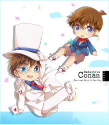 Rule 34 | 2boys, ace (playing card), ace of hearts, bad id, bad pixiv id, blue eyes, bow, bowtie, brown hair, cape, card, chibi, child, copyright name, edogawa conan, glasses, hat, heart, kaitou kid, kiina, kuroba kaito, male focus, meitantei conan, monocle, multiple boys, necktie, pants, phantom thief, playing card, red bow, red bowtie, red necktie, shoes, shorts, sneakers, top hat, tuxedo