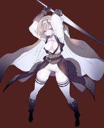 Rule 34 | 1girl, areo, areola slip, armor, breasts, cape, cleavage, full body, gloves, greaves, highres, holding, holding sword, holding weapon, koza game, large breasts, long sleeves, miniskirt, original, skirt, solo, sword, thighhighs, weapon, white thighhighs