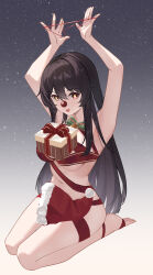 Rule 34 | 1girl, absurdres, armpits, arms up, bare arms, bare shoulders, barefoot, black hair, bow, bowtie, box, breasts, candy shunya, commentary request, fake nose, genshin impact, gift, gift box, green bow, green bowtie, hair down, hat, highres, hu tao (genshin impact), large breasts, long hair, navel, no headwear, object on breast, red eyes, red hat, red ribbon, ribbon, santa hat, seiza, sitting, solo, stomach, thighs, unworn hat, unworn headwear, very long hair