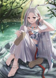 Rule 34 | 1girl, a deer of nine colors, animal ears, anklet, antlers, arknights, bandeau, blue eyes, blue hair, bracelet, branch, brown footwear, cape, crossed legs, deer antlers, deer ears, deer girl, female focus, full body, highres, horns, jewelry, long skirt, looking at viewer, multicolored hair, necklace, nine-colored deer, open mouth, outdoors, red hair, sandals, shironekoban, shirt, sitting, skirt, solo, strapless, strapless shirt, streaked hair, unworn sandals, water, wet, white bandeau, white cape, white hair, white skirt