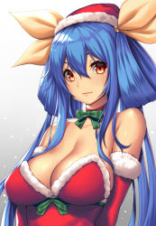 Rule 34 | 1girl, bare shoulders, blue hair, bow, breasts, choker, cleavage, commentary request, detached sleeves, dizzy (guilty gear), green bow, green ribbon, guilty gear, guilty gear xrd, hair between eyes, highres, large breasts, long hair, looking at viewer, red eyes, ribbon, santa costume, smirk, takanashi-a, twintails