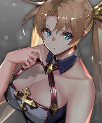 Rule 34 | 1girl, bare shoulders, blonde hair, blue eyes, blue gloves, blue leotard, blush, bradamante (fate), braid, breasts, cleavage, crown braid, elbow gloves, fate/grand order, fate (series), gloves, highleg, highleg leotard, large breasts, leotard, long hair, looking at viewer, solo, suishougensou, twintails, two-tone gloves, two-tone leotard, very long hair, white gloves, white leotard