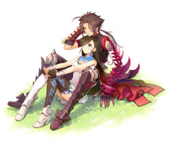 Rule 34 | 1boy, 1girl, arm support, black hair, blade arcus from shining, blue eyes, boots, breasts, chinese clothes, fingerless gloves, gloves, highres, lap pillow, large breasts, legs, long hair, looking at another, low ponytail, lying, open mouth, pairon, pointy hair, ryuga (blade arcus from shining), sega, serious, shining (series), short hair, sitting, smile, thighs, yellow eyes