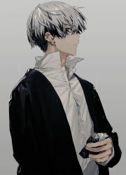 Rule 34 | 1boy, bad id, bad tumblr id, black jacket, cigarette pack, collared shirt, ear piercing, earrings, grey background, hirota tsuu, holding, jacket, jewelry, long sleeves, male focus, open clothes, open jacket, original, piercing, profile, shirt, short hair, sideways mouth, silver hair, simple background, solo, upper body, white shirt