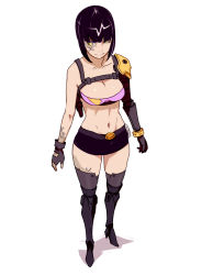 Rule 34 | 1girl, black hair, bra, breasts, closed mouth, commentary, english commentary, fingerless gloves, full body, gloves, grey gloves, large breasts, materclaws, miniskirt, navel, original, short hair, simple background, skirt, solo, thighhighs, underwear, white background, yellow eyes