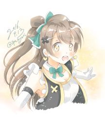 Rule 34 | 10s, 1girl, :d, blush, bow, bowtie, brown hair, dated, earrings, elbow gloves, gloves, hair bow, hair ornament, hairpin, heart, heart earrings, jewelry, love live!, love live! school idol festival, love live! school idol project, minami kotori, no brand girls, open mouth, sanpo, side ponytail, signature, smile, solo, twitter username, upper body, white gloves, yellow eyes