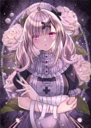 Rule 34 | 1girl, ahoge, apron, bandaged arm, bandages, blunt bangs, breasts, commentary, cowboy shot, crossed arms, eyelashes, floral background, flower, frilled apron, frilled hairband, frills, hair ornament, hairband, high collar, highres, large breasts, lolita hairband, looking at viewer, maid headdress, medium breasts, mole, mole under eye, nijisanji, nozomi fuuten, parted lips, puffy short sleeves, puffy sleeves, purple eyes, rose, short sleeves, silver hair, solo, sukoya kana, symbol-only commentary, twintails, virtual youtuber, white apron, x hair ornament
