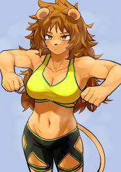 Rule 34 | 1girl, absurdres, animal ears, animal nose, black pants, blue background, bra, breasts, brown eyes, brown hair, cleavage, clenched hands, closed mouth, clothing cutout, collarbone, furry, furry female, highres, hip vent, kanke (kank06020602), lion ears, lion girl, lion tail, long hair, lowleg, lowleg pants, messy hair, navel, original, pants, serious, simple background, solo, sports bra, sportswear, stomach, stretching, tail, toned, underwear, yellow bra