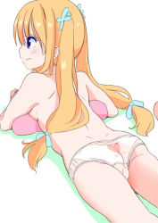 Rule 34 | 1girl, ass, blonde hair, blush, from behind, fuyuno mikan, heart, heart print, long hair, lying, on stomach, panties, print panties, simple background, smile, solo, topless, underwear, white background