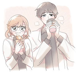 Rule 34 | 1boy, 1girl, blush, breasts, brown hair, character request, closed mouth, coffee cup, commentary, croissant, cup, disposable cup, eating, eoduun badaui deungbul-i doeeo, food, glasses, grey eyes, grey hair, grey shirt, holding, holding cup, holding food, jacket, long hair, long sleeves, looking at viewer, reiquil, shirt, short hair, simple background, striped clothes, striped shirt, symbol-only commentary, upper body, vertical-striped clothes, vertical-striped shirt, white background, white jacket