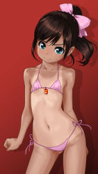 Rule 34 | 1girl, bare arms, bare shoulders, bikini, blush, bow, brown hair, closed mouth, collarbone, commentary request, contrapposto, flat chest, gluteal fold, gradient background, green eyes, hair bow, head tilt, high ponytail, long hair, navel, one-piece tan, original, pink bikini, pink bow, ponytail, red background, rohitsuka, side-tie bikini bottom, solo, standing, sweat, swimsuit, tan, tanline