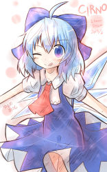 Rule 34 | 1girl, ;p, absurdres, ahoge, blue eyes, blue hair, bow, character name, cirno, dated, hair bow, hair ribbon, highres, ice, ice wings, looking at viewer, matching hair/eyes, one eye closed, outstretched arms, ribbon, short hair, sketch, smile, solo, spread arms, tongue, tongue out, touhou, wings, yurume atsushi