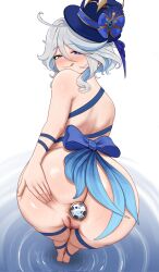 1girl anal ass ass_focus back blue_eyes blue_hair blush brikot butt_plug from_behind furina_(genshin_impact) genshin_impact hair_between_eyes heterochromia highres licking_lips light_blue_hair looking_at_viewer looking_back multicolored_hair pussy sex_toy smile solo spread_ass streaked_hair symbol-shaped_pupils thighs tongue tongue_out white_hair