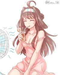 Rule 34 | 10s, 1girl, ahoge, breasts, brown hair, cleavage, drinking, drinking straw, electric fan, closed eyes, hand fan, hot, kantai collection, kongou (kancolle), long hair, lowres, nekoyanagi reo, simple background, solo, strap slip, sweat