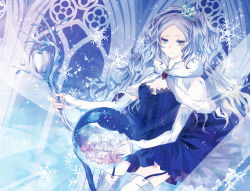 Rule 34 | 1girl, bad id, bad pixiv id, blue eyes, crown, detached sleeves, dress, hairband, highres, holding, light smile, long hair, nozomi fuuten, original, silver hair, smile, snow globe, snowflakes, solo, staff, thighhighs, wavy hair, white thighhighs
