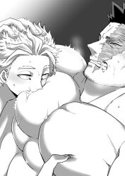 Rule 34 | 2boys, abs, absurdres, bara, blush, boku no hero academia, breath, completely nude, couple, drooling, endeavor (boku no hero academia), facial hair, greyscale, hand in another&#039;s hair, hand on another&#039;s head, haruto (hit23ewluvnpfo6), hawks (boku no hero academia), highres, large pectorals, male focus, mature male, monochrome, multiple boys, muscular, muscular male, nipple press, nipple stimulation, nipples, nude, pectorals, saliva, scar, scar across eye, short hair, solo focus, spiked hair, stubble, sucking male nipple, torogao, trembling, upper body, yaoi