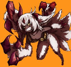 Rule 34 | 1girl, absurdres, claws, clenched teeth, collarbone, dark skin, extra arms, faputa, fewer digits, foreshortening, fur, highres, horns, kekel, long hair, made in abyss, simple background, smirk, solo, teeth, white hair, yellow background, yellow eyes