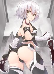Rule 34 | 1girl, arched back, ass, asymmetrical sleeves, backless outfit, bandaged arm, bandages, bare shoulders, belt, black panties, black thighhighs, breasts, cowboy shot, dagger, detached sleeves, dual wielding, fate/apocrypha, fate/grand order, fate (series), finger gun, fingerless gloves, fog, from behind, gloves, holding, jack the ripper (fate/apocrypha), knife, looking at viewer, mismatched sleeves, open mouth, panties, scar, serious, short hair, shunichi, silver hair, small breasts, solo, tattoo, thighhighs, thighs, underwear, weapon, yellow eyes