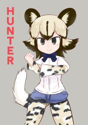 Rule 34 | 10s, 1girl, african wild dog (kemono friends), animal ears, black eyes, blonde hair, blue bow, blue bowtie, blue shorts, blush, bow, bowtie, brown hair, clenched hand, cowboy shot, denim, denim shorts, dog ears, dog tail, english text, female focus, fuji takanasu, grey background, hands up, highres, kemono friends, layered sleeves, legs apart, light blush, long sleeves, looking at viewer, multicolored hair, pantyhose, shirt, short hair, short over long sleeves, short shorts, short sleeves, shorts, simple background, smile, solo, standing, tail, torn clothes, torn shorts, two-tone hair, white shirt