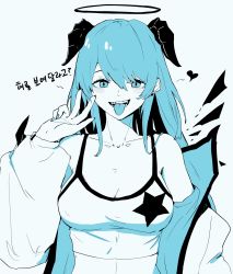 Rule 34 | 0w07, 1girl, arknights, bare shoulders, blue theme, blush, breasts, cleavage, collarbone, detached wings, earrings, energy wings, fingernails, heart, highres, horns, jacket, jewelry, korean text, long fingernails, long hair, long sleeves, looking at viewer, medium breasts, monochrome, mostima (arknights), official alternate costume, open clothes, open jacket, open mouth, puffy long sleeves, puffy sleeves, simple background, solo, sports bra, teeth, tongue, tongue out, translation request, upper body, v, white background, wings