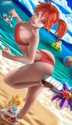 Rule 34 | 1girl, ass, asymmetrical hair, bare arms, bare legs, beach, bikini, blush, breasts, creatures (company), game freak, gen 1 pokemon, gen 2 pokemon, goldeen, green eyes, gym leader, highres, izhardraws, legs, looking at viewer, misty (pokemon), nintendo, one eye closed, orange hair, pokemon, pokemon (anime), pokemon (classic anime), pokemon (creature), ponytail, psyduck, red hair, shoes, short hair, side ponytail, solo, source request, starmie, swimsuit, thick thighs, thighs, togepi, water, wide hips, wink