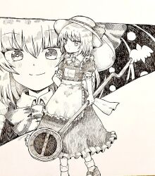 Rule 34 | 1girl, 9puramu, apron, bird, bow, bowtie, closed mouth, collared dress, dress, elbow gloves, feet out of frame, frilled dress, frills, gloves, greyscale, hand on own hip, happy, hat, hat ribbon, holding, holding sign, kana anaberal, medium hair, monochrome, multiple views, no parking sign, puffy short sleeves, puffy sleeves, ribbon, short sleeves, sign, smile, standing, sun hat, touhou, touhou (pc-98), traditional media, waist apron, white apron