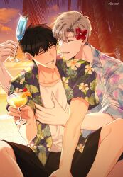 Rule 34 | 2boys, absurdres, alcohol, beach, black shorts, closed eyes, cloud, cocktail glass, collared shirt, cup, drinking glass, floral print, flower, flower on head, hawaiian shirt, highres, hug, hug from behind, ilay riegrow, jeong taeui, male focus, multiple boys, o ssion, ocean, open clothes, palm tree, passion (manhwa), red flower, sand, shirt, short hair, shorts, smile, summer, sunset, tree, white shirt, yaoi