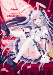 Rule 34 | 1girl, animal ears, bare shoulders, black skirt, blush, bow, breasts, cake, choker, detached sleeves, food, garter straps, hair bow, high heels, highres, long hair, looking at viewer, medium breasts, neck ribbon, one eye closed, open mouth, original, petals, rabbit, rabbit ears, red eyes, ribbon, ribbon choker, sitting, skirt, smile, thighhighs, thighs, white hair, white skirt, white thighhighs, yashiro seika