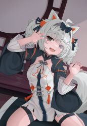 Rule 34 | 1girl, absurdres, animal ears, black bow, black sleeves, blue eyes, bow, chinese clothes, dress, grey dress, grey eyes, grey hair, hair intakes, hair ornament, hair over eyes, hairband, heterochromia, highres, long sleeves, mechanical ears, ningmengege, no.21: feral scent (punishing: gray raven), no.21 (punishing: gray raven), official alternate costume, official alternate hair length, official alternate hairstyle, open mouth, orange pom poms, paw pose, pom pom (clothes), pom pom hair ornament, punishing: gray raven, sidelocks, solo, tail, teeth, upper teeth only, wolf ears, wolf tail