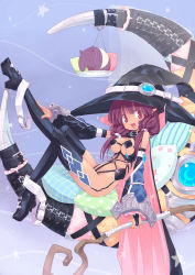 Rule 34 | 1girl, :d, animal, bare shoulders, bdsm, belt, black thighhighs, bondage outfit, breasts, bridal gauntlets, cape, cleavage, collar, crescent moon, detached sleeves, harness, hat, highres, homura subaru, jewelry, large breasts, leg lift, long hair, looking at viewer, moon, no panties, on crescent, open mouth, original, pillow, pinky out, pointy ears, purple eyes, purple hair, sitting, smile, solo, staff, thighhighs, veil, witch, witch hat