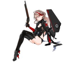 Rule 34 | 1girl, arm support, armor, black gloves, boots, breasts, cleavage, cleavage cutout, clothing cutout, crossed legs, earrings, full body, girls&#039; frontline, gloves, gun, hair between eyes, high heel boots, high heels, jacket, jewelry, lever action, light brown hair, long hair, long legs, looking at viewer, m1887 (girls&#039; frontline), medium breasts, multicolored hair, open clothes, open jacket, parted lips, realmbw, red eyes, red hair, shield module, shotgun, sitting, solo, streaked hair, thighhighs, transparent background, trigger discipline, turtleneck, wavy hair, weapon