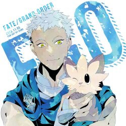 Rule 34 | 1boy, animal, animal ears, animal hands, artist name, blue cape, cape, commentary request, copyright name, creatures (company), dame (dame ice), dated, dog ears, dog tail, fate/grand order, fate (series), game freak, gen 5 pokemon, highres, holding, holding pokemon, lillipup, looking at another, male focus, nintendo, one eye closed, pokemon, pokemon (creature), ptolemy (fate), sleeveless, tail, white background, white hair, yellow eyes