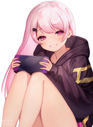 Rule 34 | 1girl, collarbone, commentary, hair ornament, hairclip, handheld game console, highres, holding, knees up, long hair, looking at viewer, nijisanji, nintendo ds, open mouth, pink hair, shiina yuika, shiina yuika (2nd costume), sidelocks, simple background, sitting, smile, solo, teeth, thighs, tsunakawa, virtual youtuber, white background