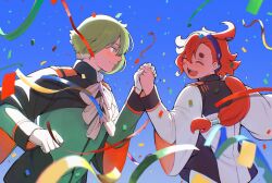 Rule 34 | 1boy, 1girl, ahoge, asticassia school uniform, blue background, blush, closed eyes, closed mouth, commentary request, confetti, earrings, elan ceres, gloves, green eyes, green hair, green jacket, gundam, gundam suisei no majo, hair between eyes, happy, highres, holding hands, jacket, jewelry, long hair, long sleeves, looking at another, low-tied long hair, low ponytail, open mouth, red hair, school uniform, short hair, shorts, smile, suiseikaro, suletta mercury, thick eyebrows, white gloves, white jacket, white shorts, wide sleeves