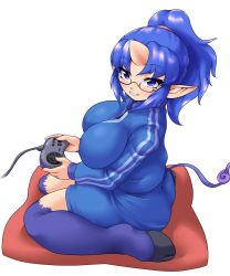 Rule 34 | 1girl, blue eyes, blue hair, breasts, controller, game controller, gamepad, glasses, highres, hooves, horns, jacket, kuma (kumahoihoi), large breasts, long hair, looking at viewer, matching hair/eyes, ponytail, single horn, smile, solo, tail, track jacket