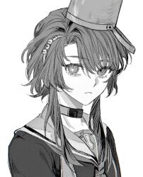 Rule 34 | 1girl, bucket, bucket on head, choppy bangs, closed mouth, collar, commentary, curtained hair, expressionless, greyscale, hair between eyes, hair ornament, hairclip, kimi ga shine, kizuchi kanna, looking at viewer, mismatched pupils, monochrome, neckerchief, object on head, oshi no ko, pipoabubu, sailor collar, school uniform, serafuku, short hair with long locks, simple background, solo, star-shaped pupils, star (symbol), symbol-only commentary, symbol-shaped pupils, upper body