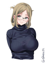 Rule 34 | 1girl, alternate costume, blue sweater, blush, breasts, cropped torso, ebifurya, folded ponytail, glasses, green eyes, highres, kantai collection, katori (kancolle), large breasts, light brown hair, long hair, long sleeves, looking at viewer, one-hour drawing challenge, parted bangs, ribbed sweater, simple background, solo, sweater, turtleneck, turtleneck sweater, twitter username, upper body, white background