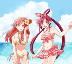 Rule 34 | 2girls, bikini, bikini skirt, blush, body blush, bow, breasts, cleavage, cloud, cowboy shot, day, flower, front-tie top, hair bow, hair flower, hair ornament, halterneck, hand on own thigh, hand on thigh, hibiscus, highres, long hair, looking at viewer, magi the labyrinth of magic, medium breasts, morgiana, multiple girls, navel, ocean, open mouth, ren kougyoku, shiny skin, side-tie bikini bottom, sky, smile, striped bikini, striped clothes, swimsuit, thigh gap
